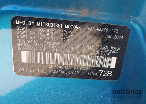 2024 Mitsubishi Mirage Es/Le from USA, damaged, VIN ML32AUHJ1RH009205